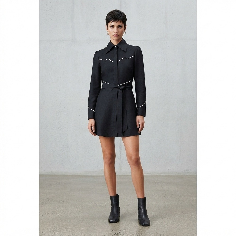 Divine Heritage Mini Dress Womens small Black Excellent Western Piping Belted